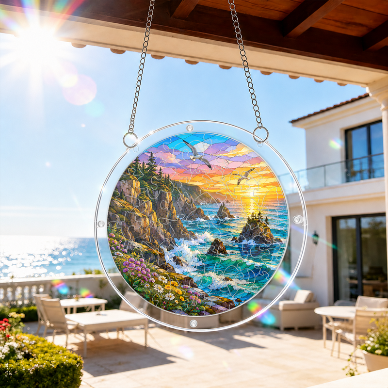 Ocean Sunset Acrylic Puzzle Suncatcher, Coastal Window Hanging Decor, Gift for Beach Lovers