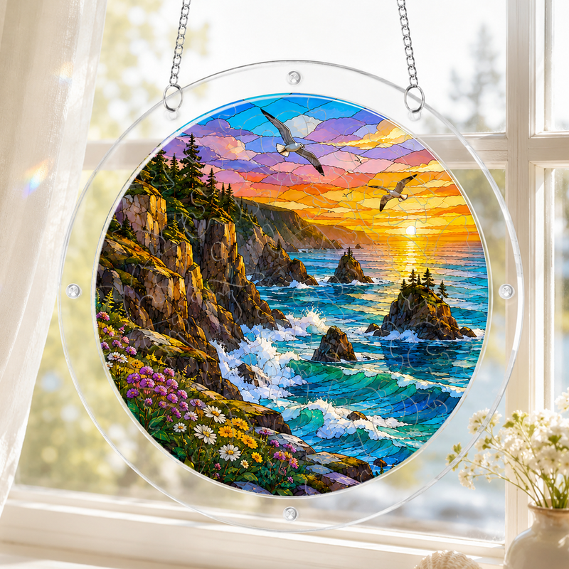 Ocean Sunset Acrylic Puzzle Suncatcher, Coastal Window Hanging Decor, Gift for Beach Lovers