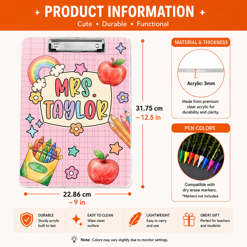 Custom Teacher’s Acrylic Clipboard | Sturdy & Stylish for School & Office