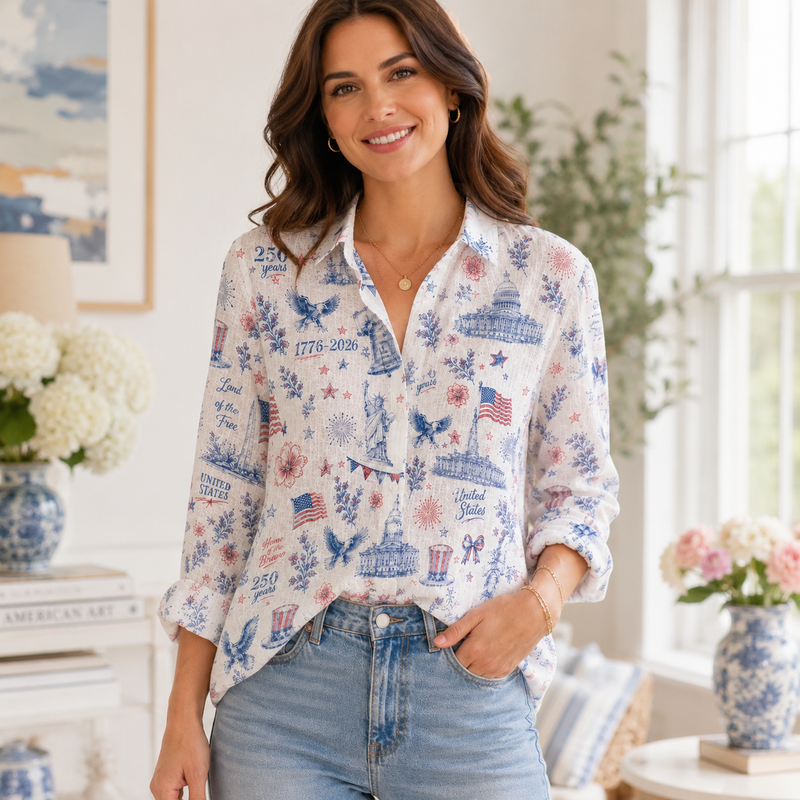 Vintage US Semiquincentennial Toile Blouse Shirt | Gift For History Buffs