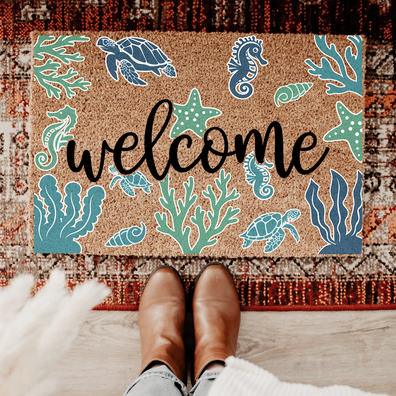Ocean Sea Life Welcome Mat - Coastal Coir Doormat with Sea Turtle & Coral