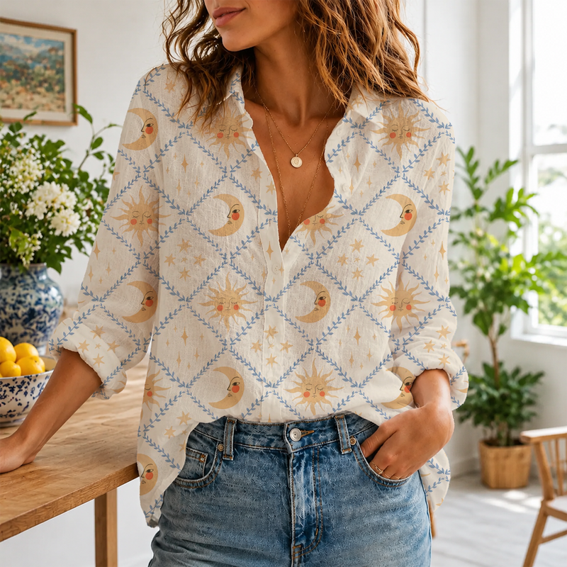 Celestial Sun Moon Summer Blouse | Gift For Boho Lovers