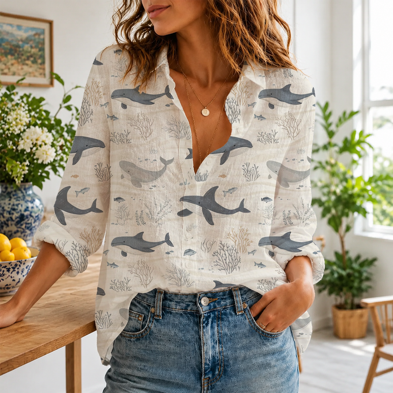 Ocean Whale Nautical Summer Blouse Shirt | Gift For Ocean Lovers