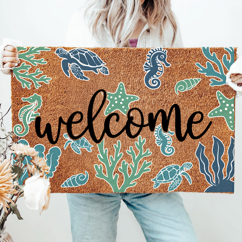 Ocean Sea Life Welcome Mat - Coastal Coir Doormat with Sea Turtle & Coral