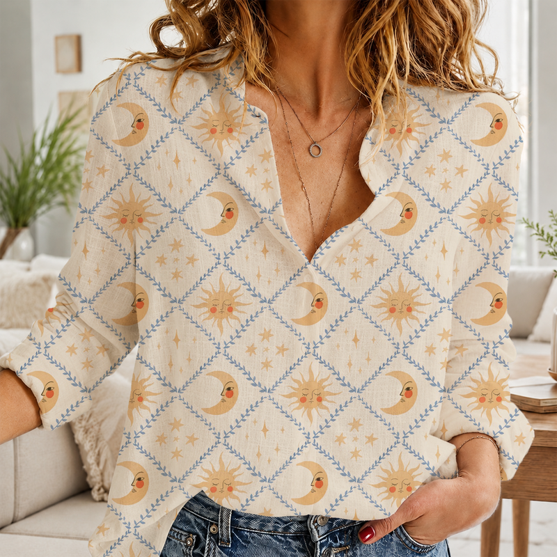 Celestial Sun Moon Summer Blouse | Gift For Boho Lovers