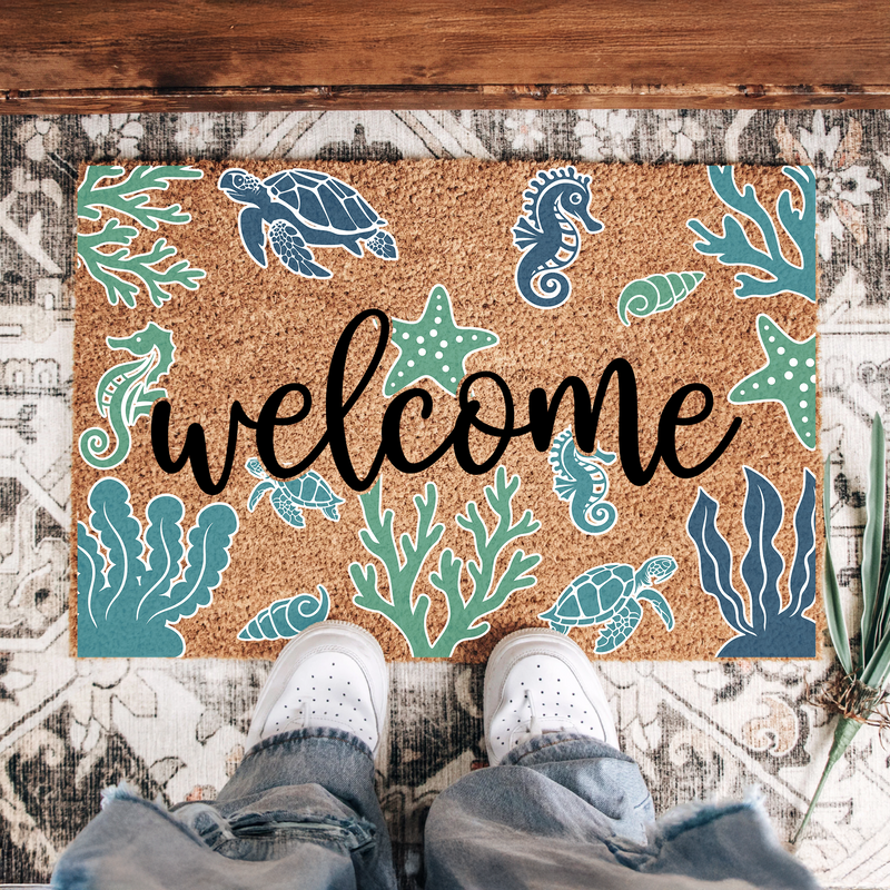 Ocean Sea Life Welcome Mat - Coastal Coir Doormat with Sea Turtle & Coral