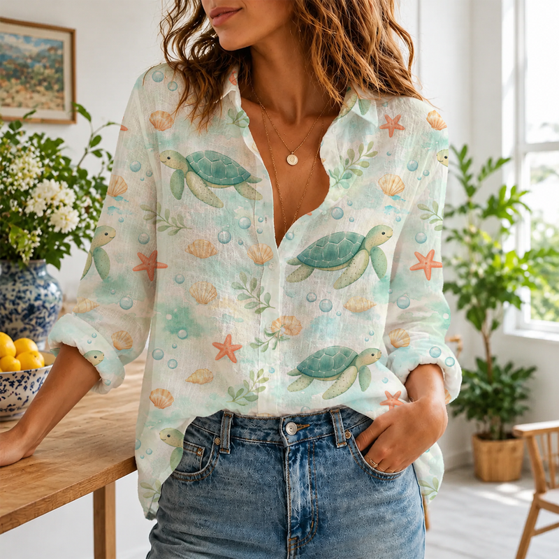 Coastal Sea Turtle Summer Blouse Shirt | Gift For Sea Turtle Lovers