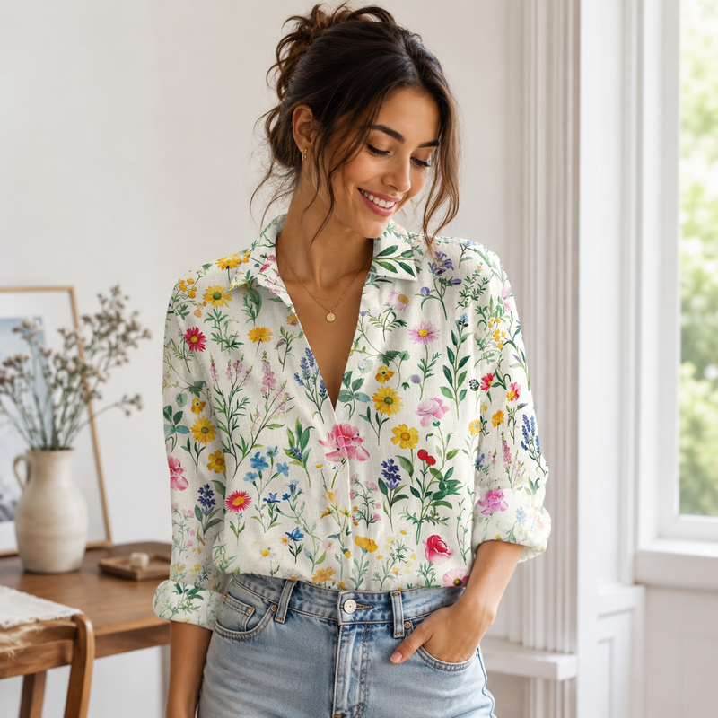 Vibrant Botanical Wildflower Meadow Blouse Shirt | Gift For Gardeners