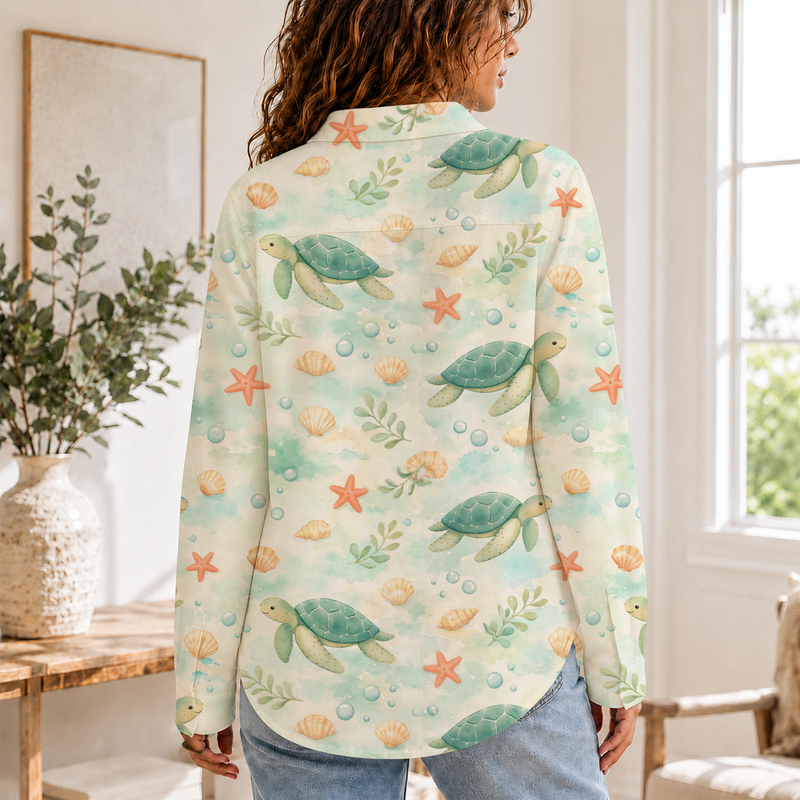 Coastal Sea Turtle Summer Blouse Shirt | Gift For Sea Turtle Lovers