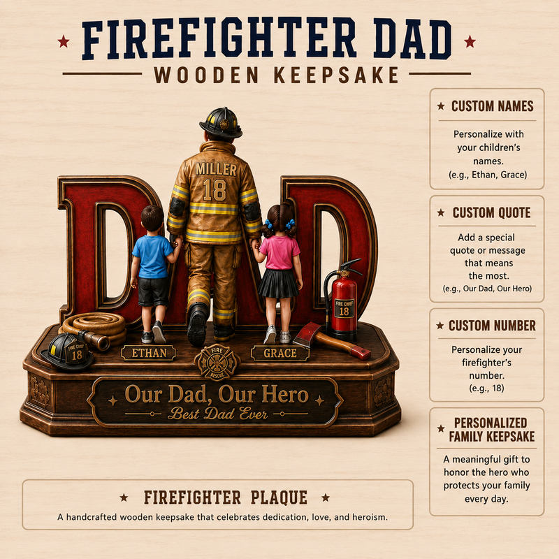 Personalized Firefighter Wooden Block, Fireman Father's Day Gift