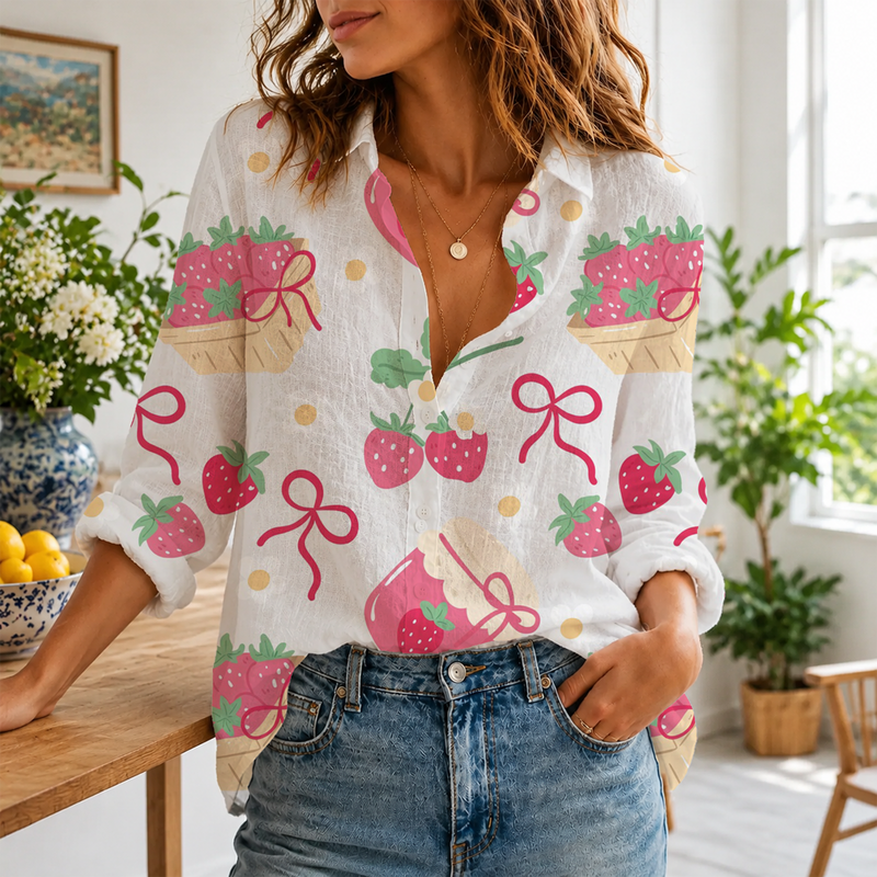 Coquette Bow Strawberry Summer Blouse Shirt | Gift For Strawberry Lovers