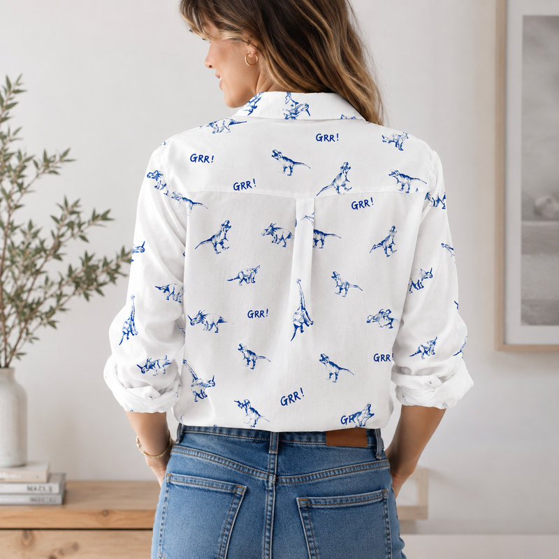 Whimsical Blue Dinosaur Toile Blouse Shirt | Gift For Dino Lovers