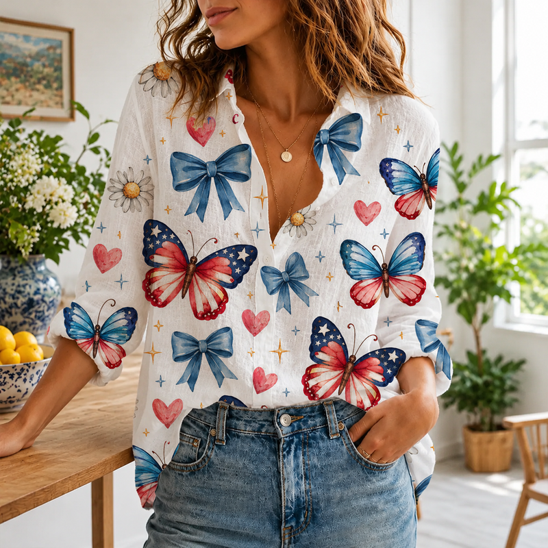 Patriotic Butterfly Women Blouse Shirt | Gift For 4th of July