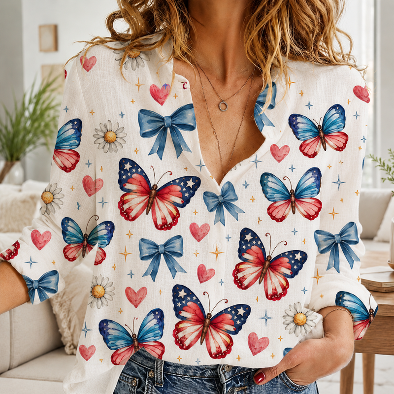 Patriotic Butterfly Women Blouse Shirt | Gift For 4th of July
