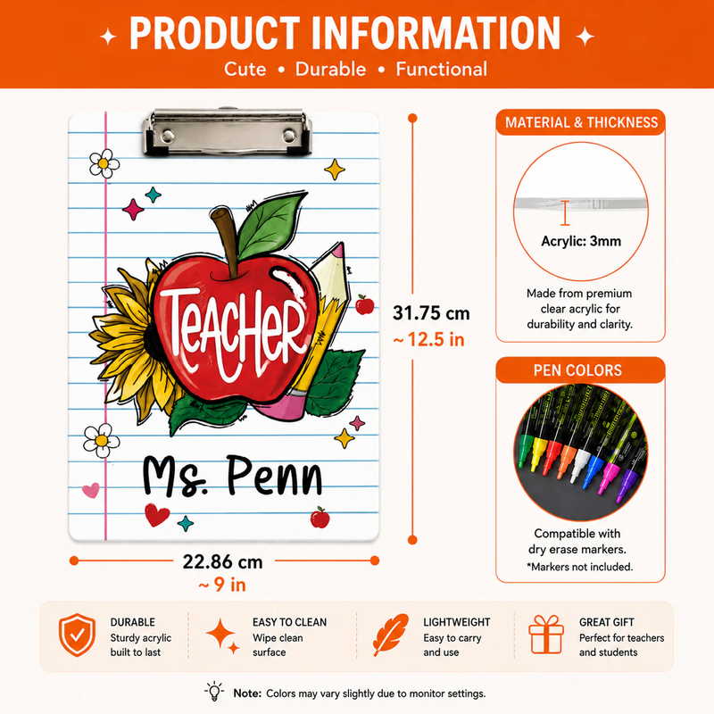 Personalized Back To School Gift for Teacher | Teacher Paper Clipboard