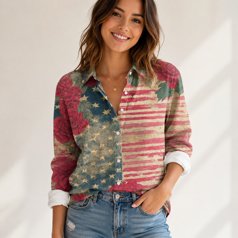 Vintage Flag Rose Women Blouse Shirt | Gift For Patriotic Women