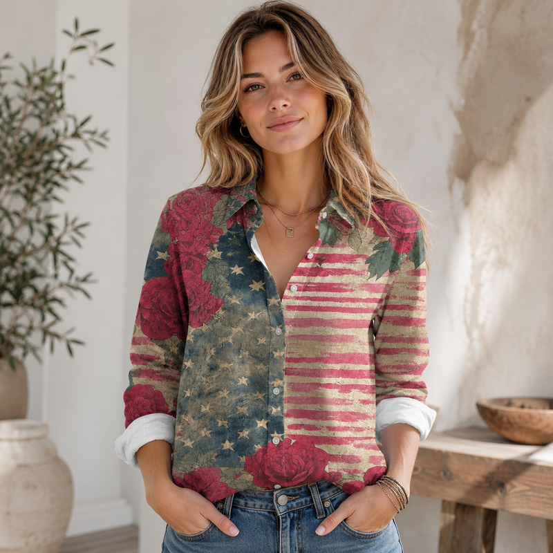 Vintage Flag Rose Women Blouse Shirt | Gift For Patriotic Women