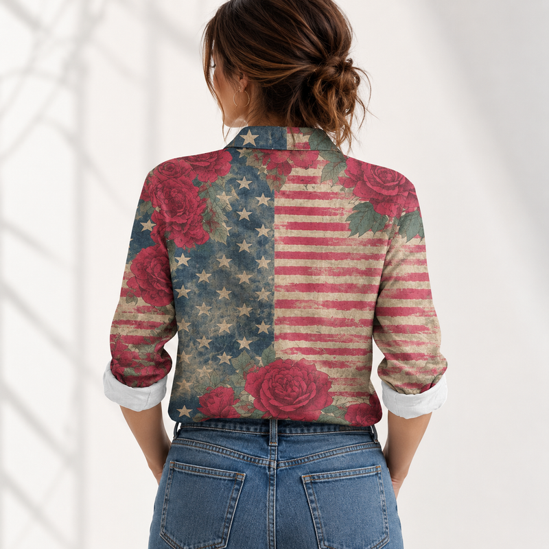 Vintage Flag Rose Women Blouse Shirt | Gift For Patriotic Women