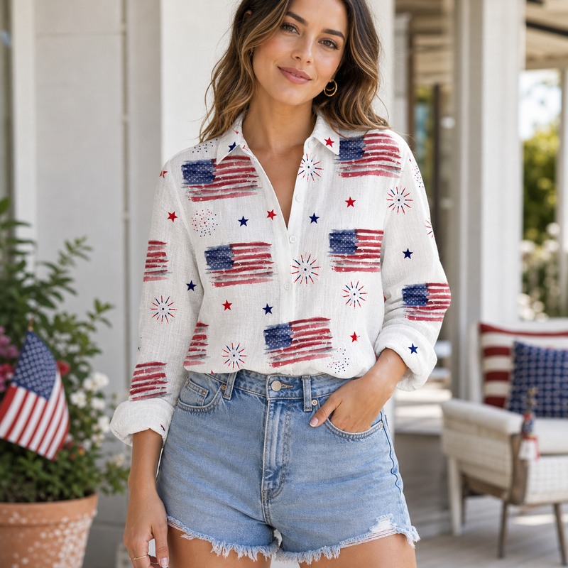 American Flag Firework Women Blouse Shirt | Gift For Patriotic Women