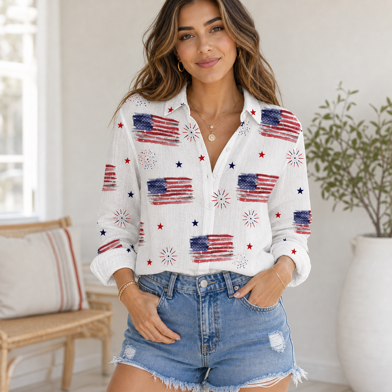American Flag Firework Women Blouse Shirt | Gift For Patriotic Women