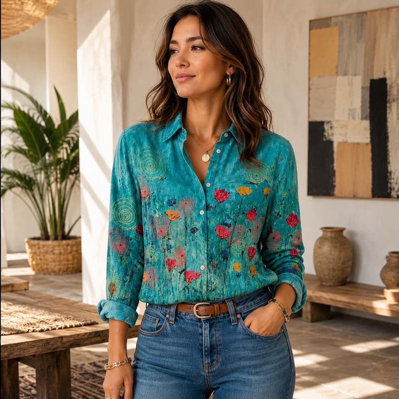 Teal Boho Floral Art Women Blouse Shirt | Gift For Art Lovers