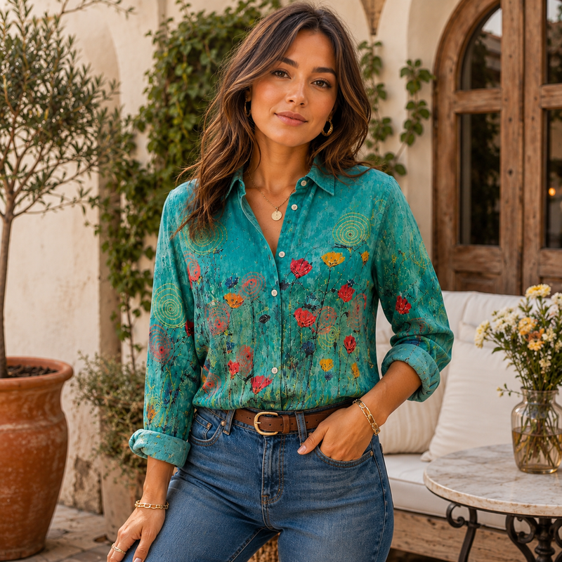 Teal Boho Floral Art Women Blouse Shirt | Gift For Art Lovers