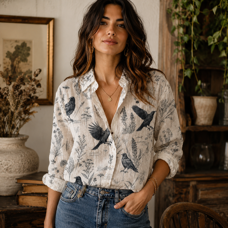 Dark Botanical Raven Women Blouse Shirt | Gift For Nature Lovers