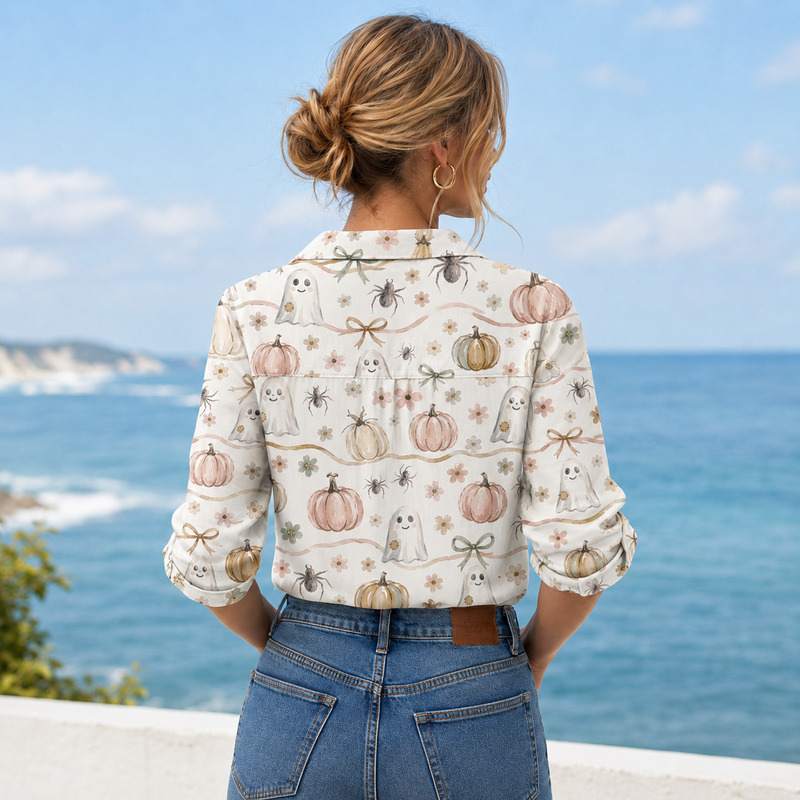 Halloween Ghost Pumpkin Women Blouse Shirt | Gift For Halloween Lovers