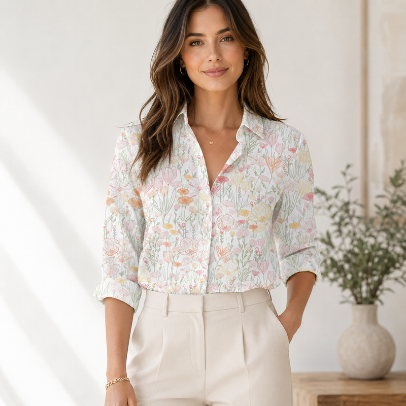 Pastel Line Art Floral Women Blouse Shirt | Gift For Floral Lovers
