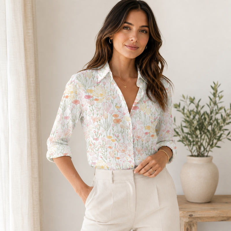 Pastel Line Art Floral Women Blouse Shirt | Gift For Floral Lovers