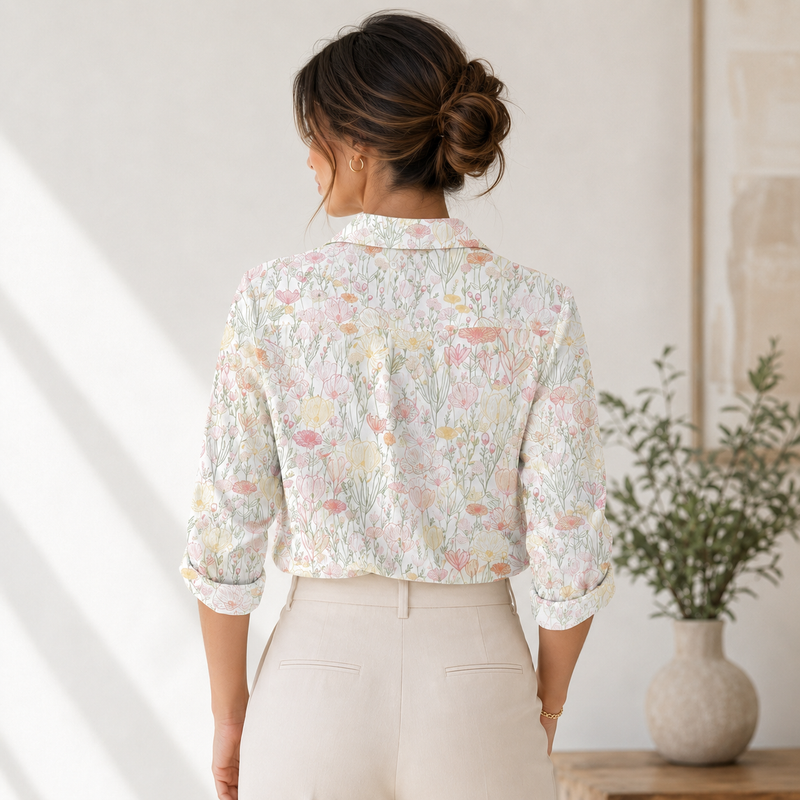 Pastel Line Art Floral Women Blouse Shirt | Gift For Floral Lovers