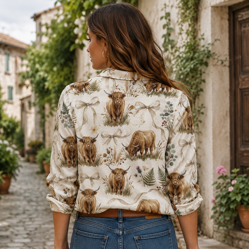 Highland Cow Floral Women Blouse Shirt | Gift For Highland Cow Lovers