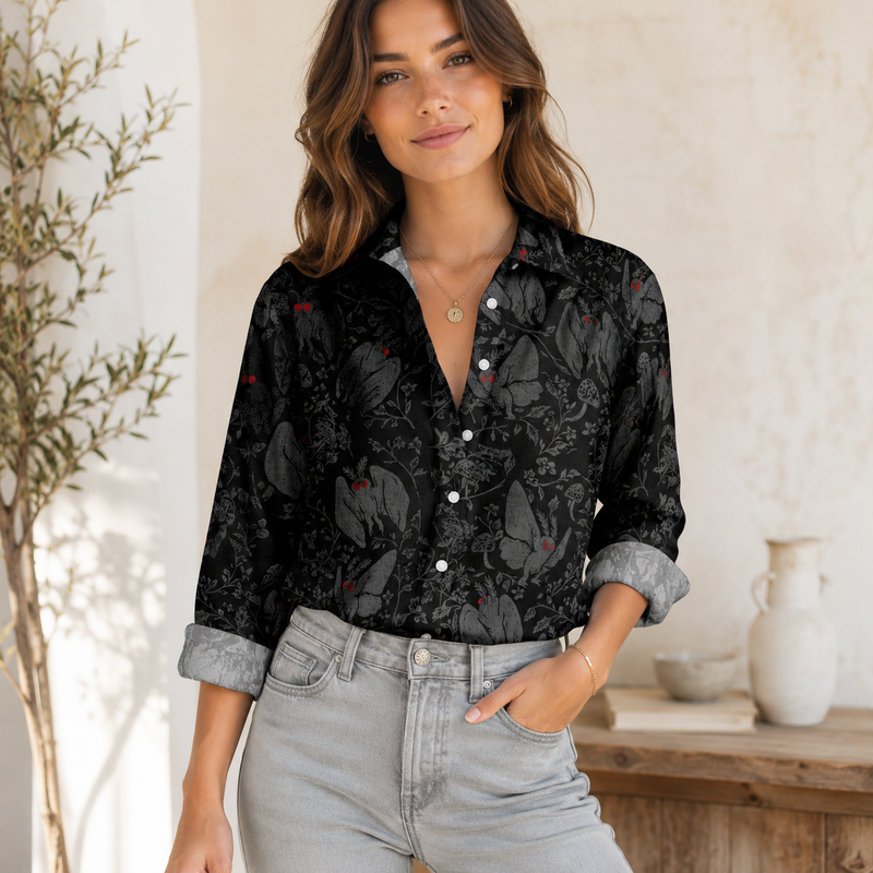 Dark Gothic Moth Botanical Blouse Shirt | Gift For Mystery Fans