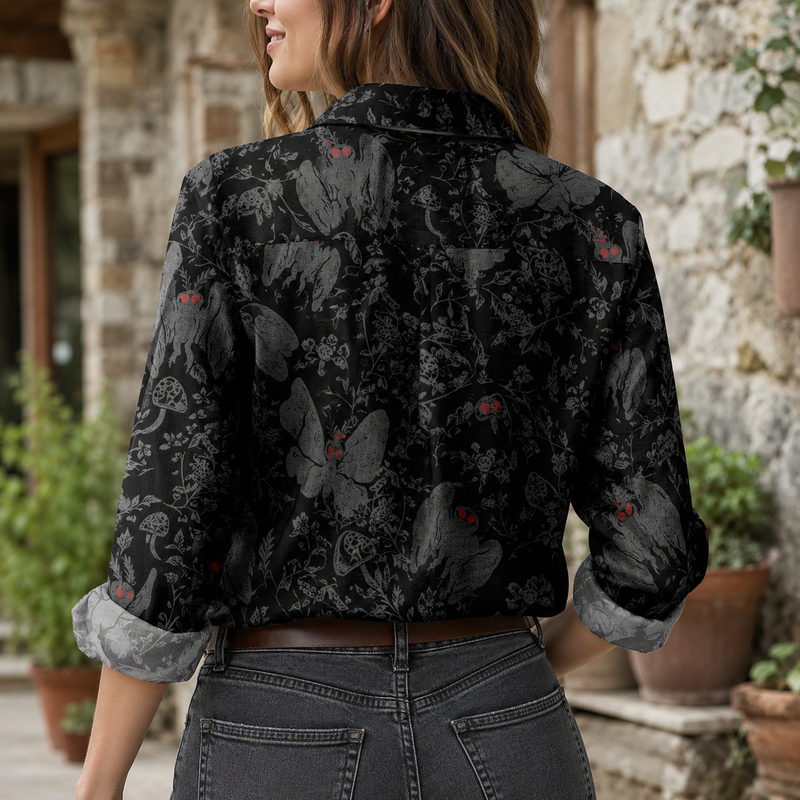 Dark Gothic Moth Botanical Blouse Shirt | Gift For Mystery Fans