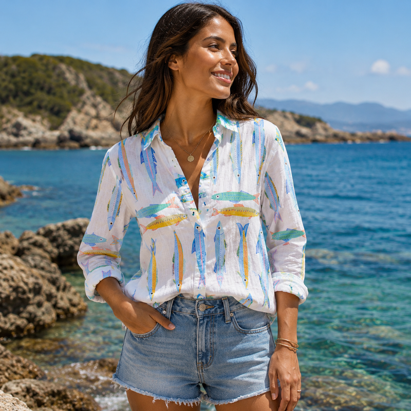 Colorful Fish Print Women Blouse Shirt | Gift For Beach Lovers