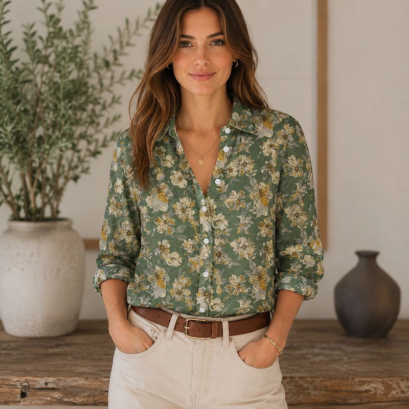 Olive Green Floral Women Blouse Shirt | Gift For Floral Lovers