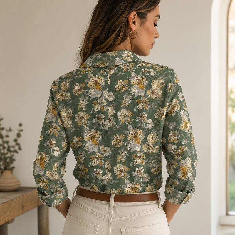 Olive Green Floral Women Blouse Shirt | Gift For Floral Lovers