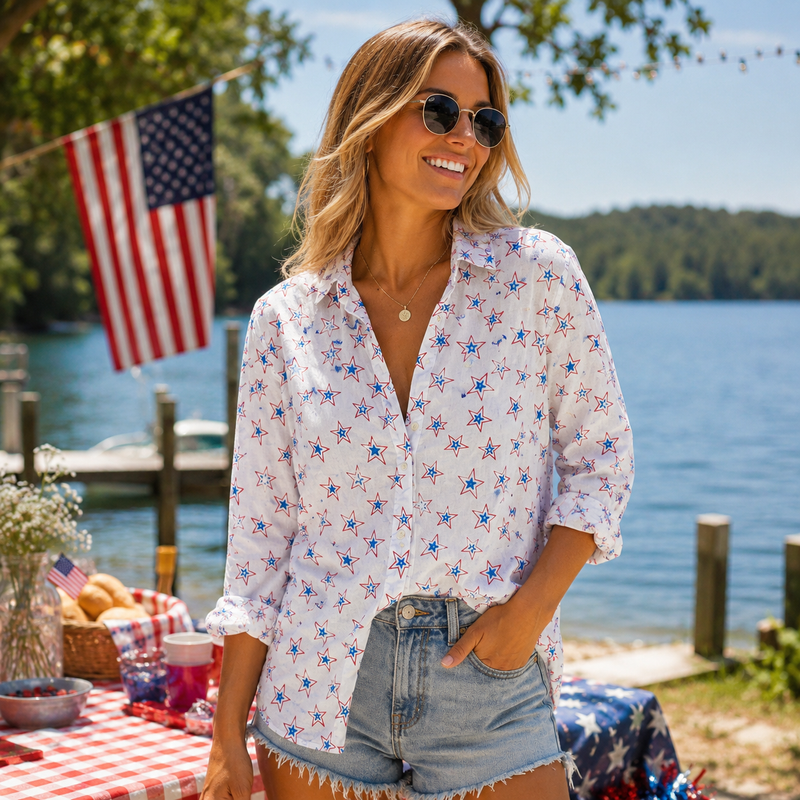 Patriotic Star Print Women Blouse Shirt | Gift For American Women
