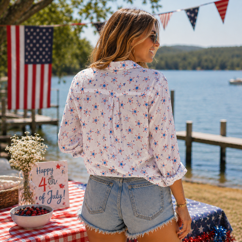 Patriotic Star Print Women Blouse Shirt | Gift For American Women