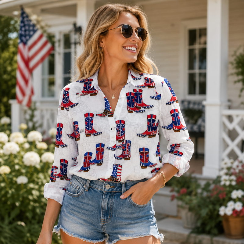 Patriotic Cowboy Boot Women Blouse Shirt | Gift For Country Lovers