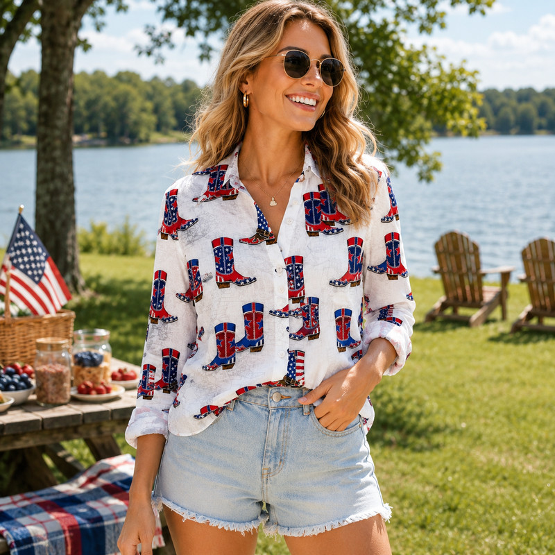 Patriotic Cowboy Boot Women Blouse Shirt | Gift For Country Lovers