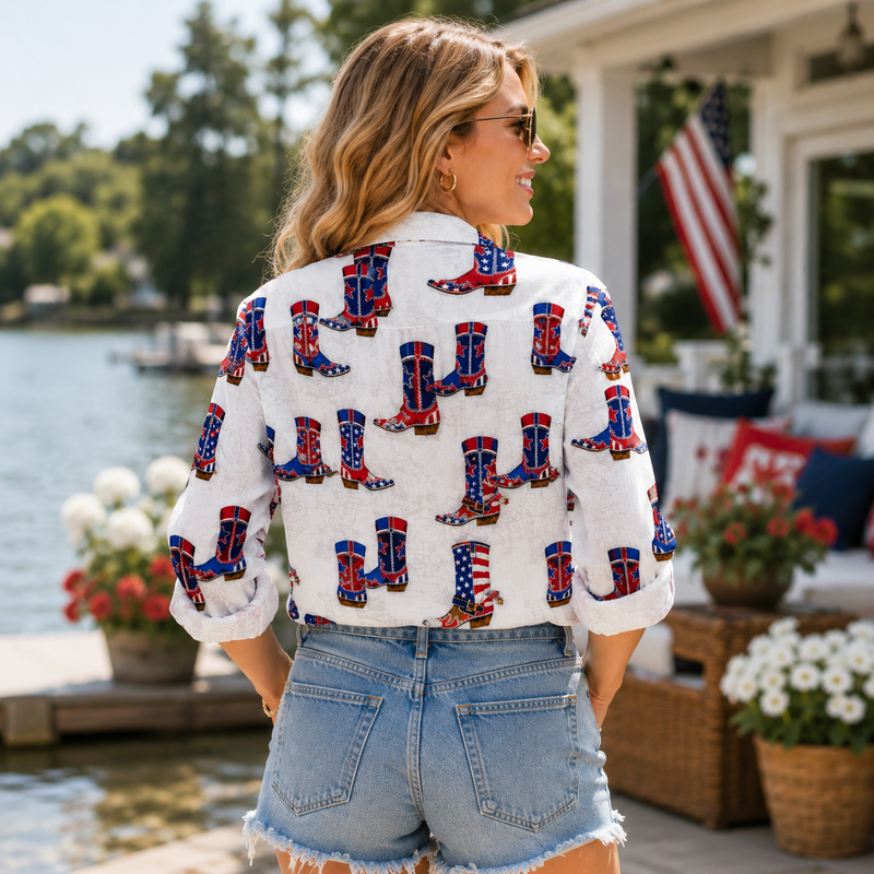 Patriotic Cowboy Boot Women Blouse Shirt | Gift For Country Lovers