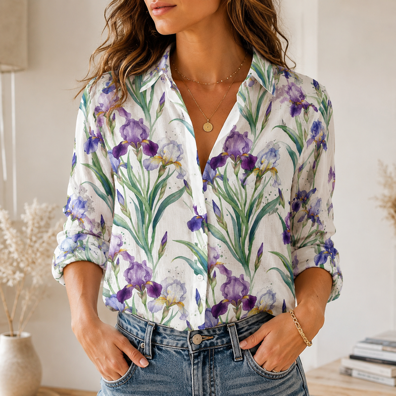 Purple Iris Floral Women Blouse Shirt | Gift For Flower Lovers