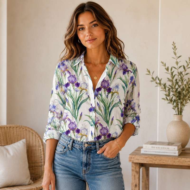 Purple Iris Floral Women Blouse Shirt | Gift For Flower Lovers