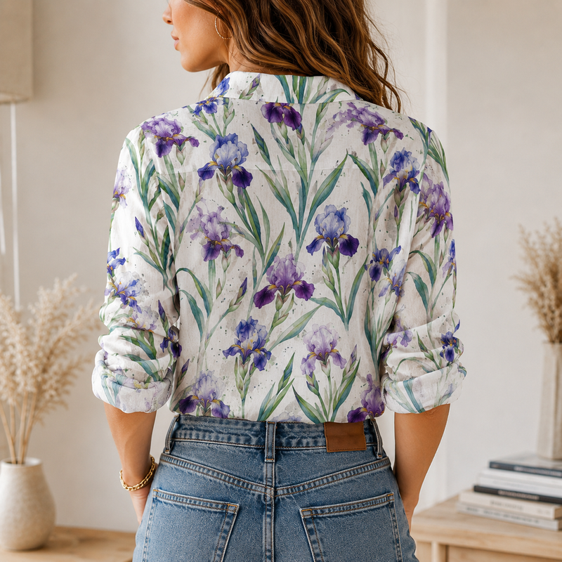 Purple Iris Floral Women Blouse Shirt | Gift For Flower Lovers