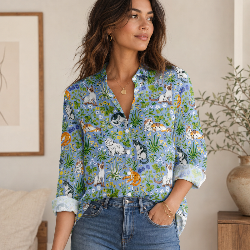 Cat Garden Floral Women Blouse Shirt | Gift For Cat Lovers