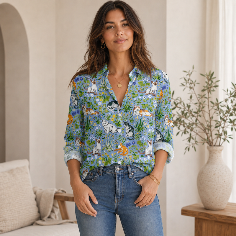 Cat Garden Floral Women Blouse Shirt | Gift For Cat Lovers