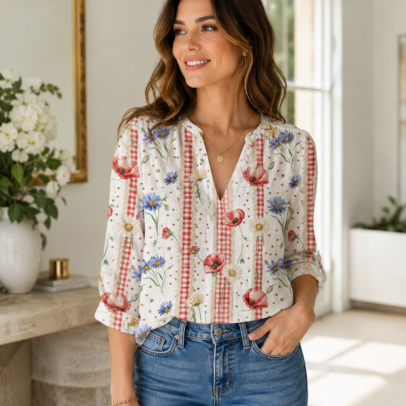 Poppy Gingham Wildflower Women Blouse Shirt | Gift For Floral Lovers
