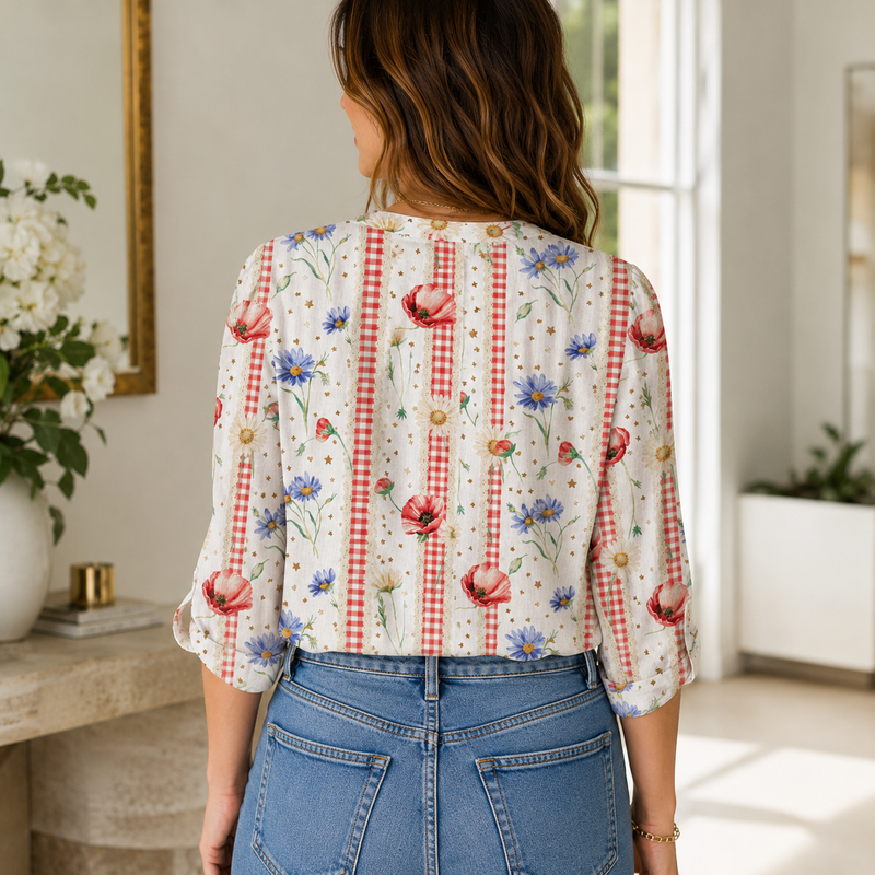 Poppy Gingham Wildflower Women Blouse Shirt | Gift For Floral Lovers