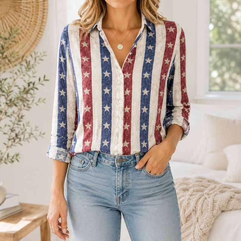 Vintage Stars And Stripes Women Blouse Shirt | Gift For Patriotic Women